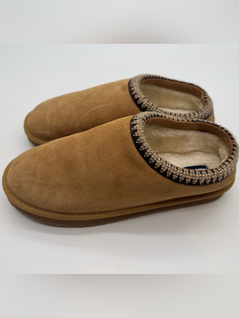 Lands End Tan Suede Slip On Slippers Braided Trim Womens 11 Mens 9 NEW